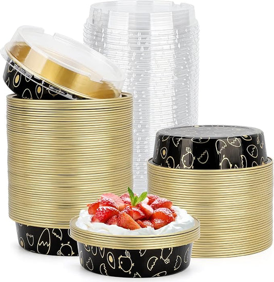 Beasea Mini Tart Pan 100 Pack with Lids, 4 Inch 8oz Gold Black Disposable Aluminum Baking Foil Tins Small Round Tart Containers for Individual Dessert Muffin Cheesecake Ramekins Quiche Oven Dishes