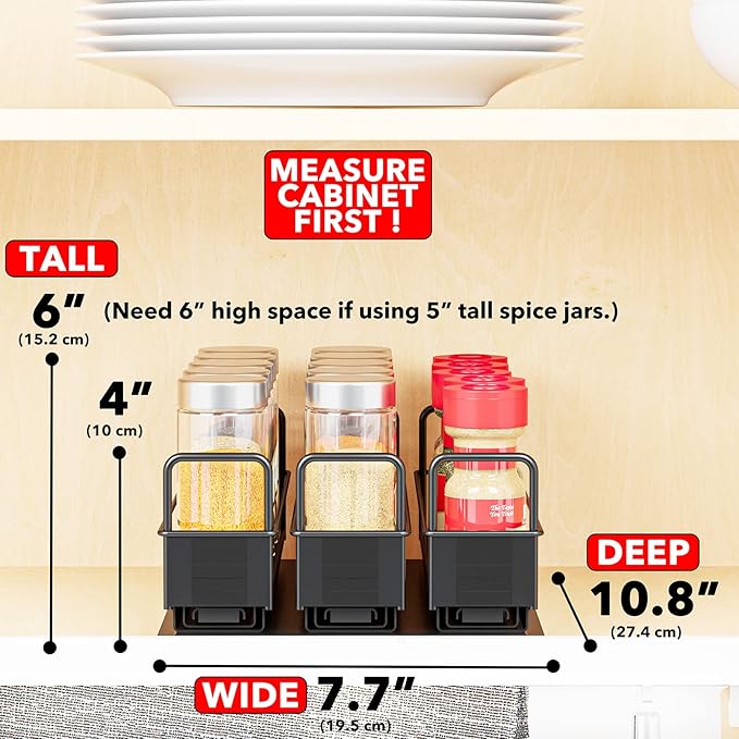 SpaceAid Pull Out Spice Rack Organizer for Cabinet, Heavy Duty Slide Out Seasoning Kitchen Organizer, Cabinet Organizer, with Labels, 7.7" W x10.75 D x4 H, 3 Drawers 1-Tier