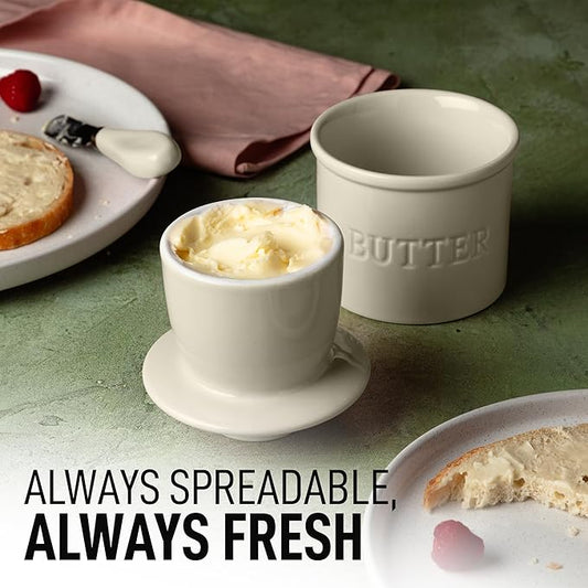 Zulay Kitchen Porcelain Butter Crock With Lid & Knife - Authentic French Butter Dish For Fresh & Spreadable Butter - Ivory