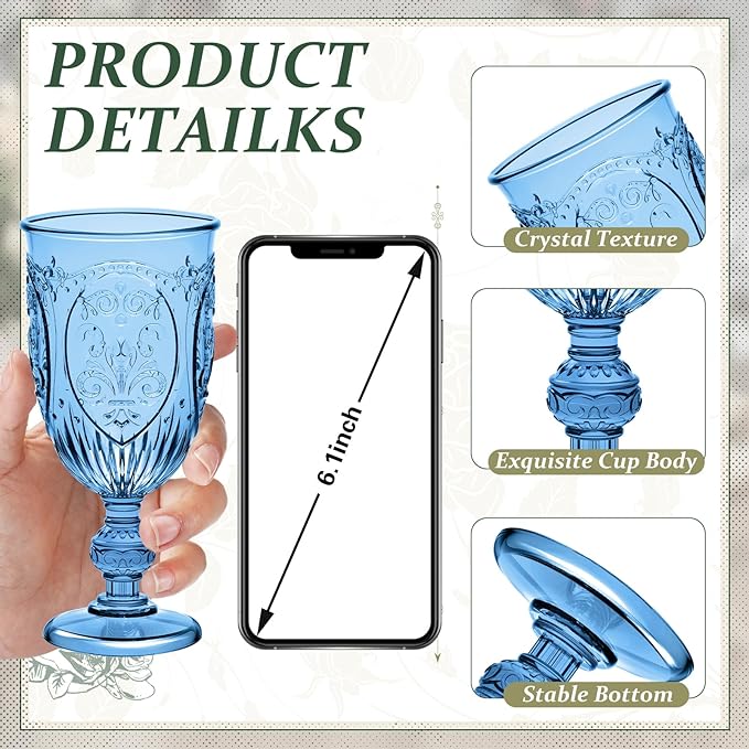 24 Pcs Plastic Goblets 7.5oz Vintage Goblet Plastic Wine Glasses Colored Retro Embossed Water Goblets for Wine Bar Juice Baby Shower Wedding Reception Grand Event Party (Royal Blue)