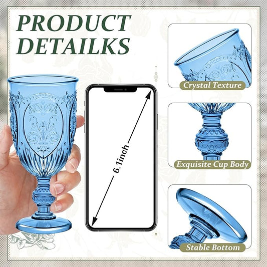 24 Pcs Plastic Goblets 7.5oz Vintage Goblet Plastic Wine Glasses Colored Retro Embossed Water Goblets for Wine Bar Juice Baby Shower Wedding Reception Grand Event Party (Royal Blue)