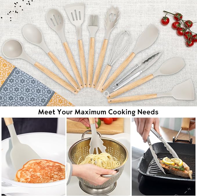 19 PCS Kitchen Cooking Utensils Set, 11 Pieces Silicone Cooking Utensils Set 6 Pieces Sharp Stainless Steel White Knife Set with 1 Piece Cutting Board, Ideal for Apartment