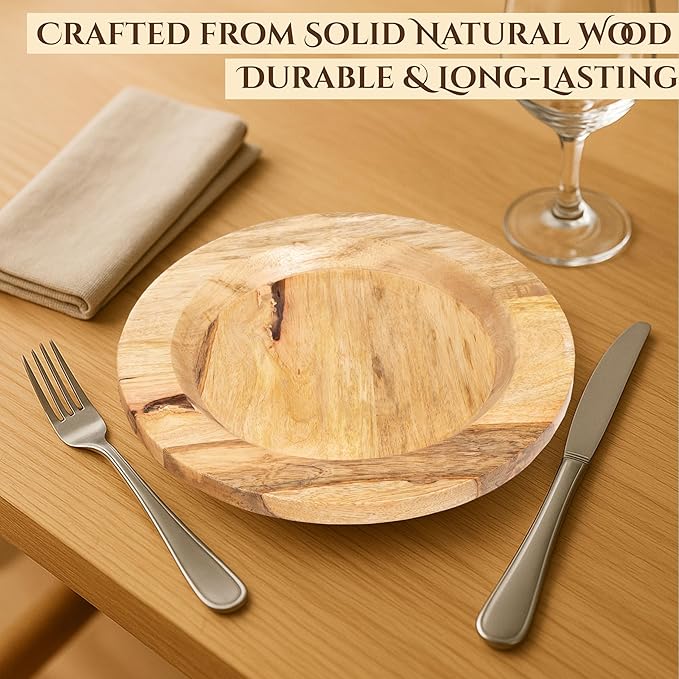 CLEENTABLE Wooden Serving Platter Set of 2-13" Handcrafted Serving Plates - Round Rustic Natural Tableware for Indoor/Outdoor Dining, Weddings, Holidays, Party, Sushi, Dinnerware (Natural)