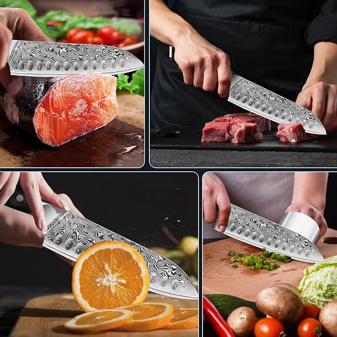 MOSFiATA Chef Knife,Kitchen Knife Santoku Chef's Knife 7 inch Multifunction Kitchen Knives Damascus Steel VG-10 Blade,Knife Sharpener Rod Gift Box
