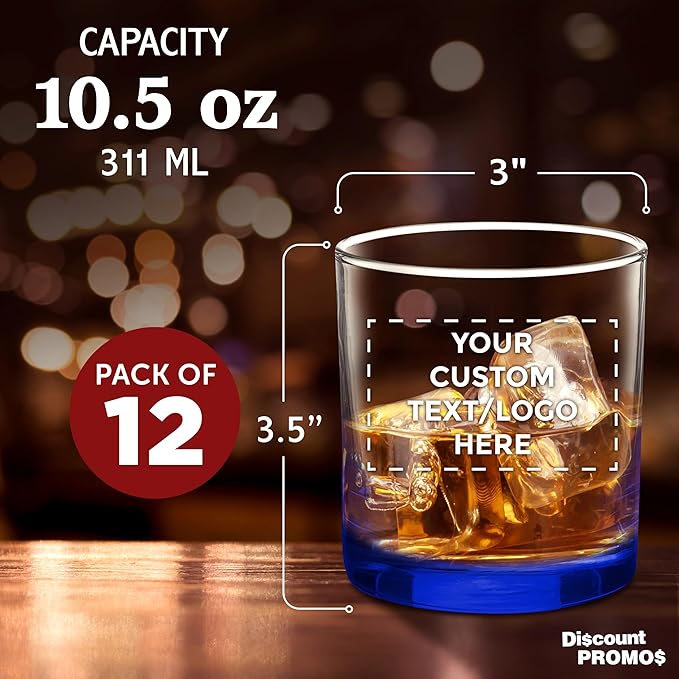 Custom Lexington Rocks Whiskey Glass 10.5 oz, Set of 12, Personalized Bulk Pack - Perfect for Scotch, Bourbon, Whiskey, Cocktail - Blue