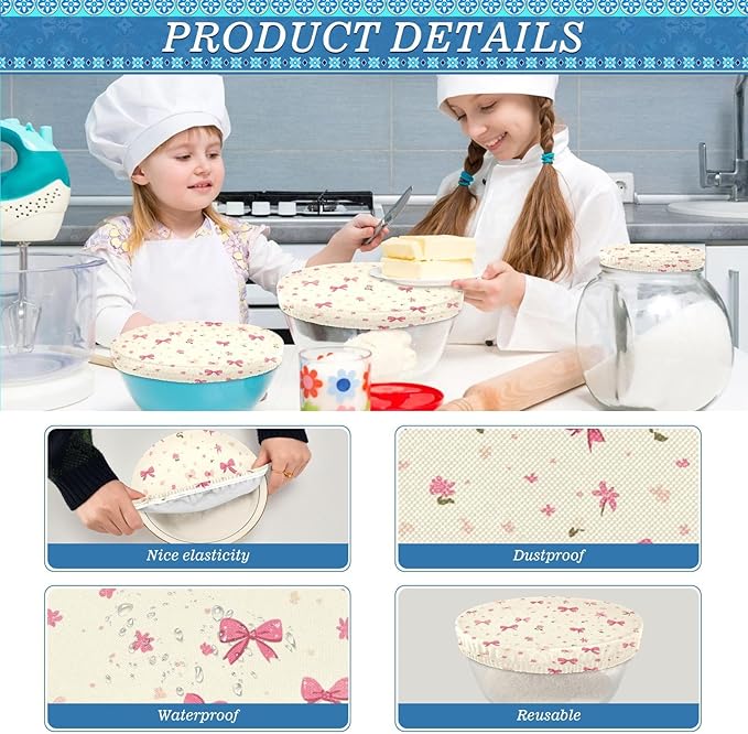 5 Pcs Bowl Covers Reusable in 5 Size Elastic Food Cover Cloth Lids Fresh Keeping Dish Cookware Bakeware Fabric Covers Lids for Food Leftovers Fruits Storage Beige Flower Pink Bows