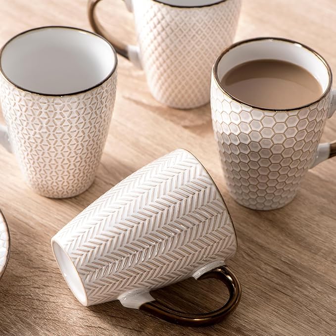 Ceramic Coffee Mug Set - 16 Oz Large Coffee Mugs - Embossed Stoneware Cups with Handle for Latte Tea Cappuccino Cocoa - Microwave Dishwasher Safe - Set of 4 - Leaf Pattern
