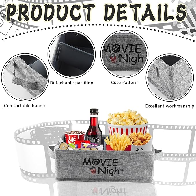 Snack Organizer for Countertop, Fabric Movie Night Snack Tray with Handles, 4 Compartment Collapsible Snack Basket, Snack Bar Station Organizer, Kitchen Pantry Organizer and Storage (Grey)