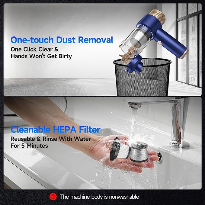 Car Vacuum Cleaner, 16000PA Mini Car Vacuum Cordless Powerful, 7 in 1 Portable Handheld Vacuum Cordless with LED Light, Dual Filters, One-Touch Empty for Pet Hair, Home, Office