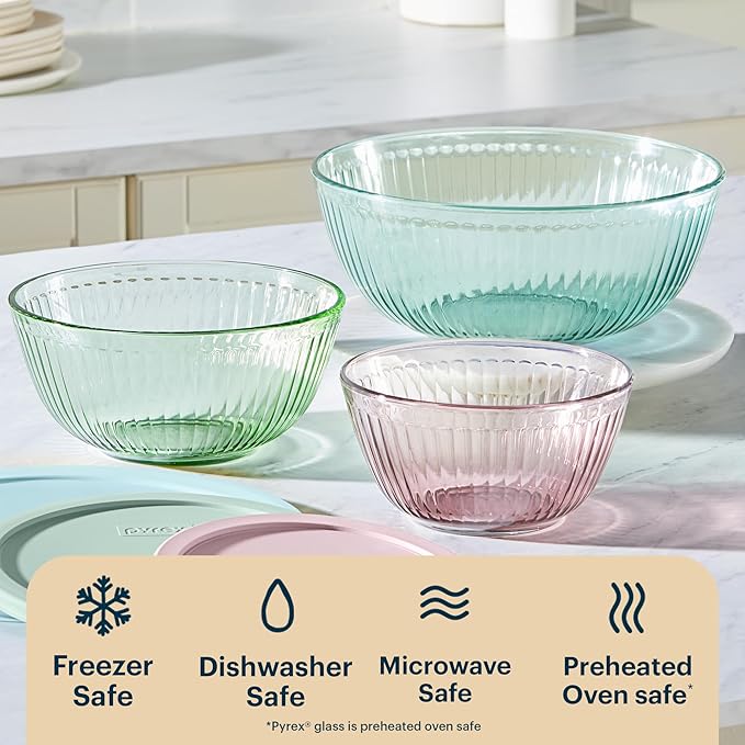 Pyrex Colors Tinted (3-Pack, Full Set) Sculpted Tinted Glass Mixing Bowls With Lids, Nesting Space Saving Set of Bowls For Prepping and Baking, 1.3QT, 2.3QT & 4.5Q, Aqua