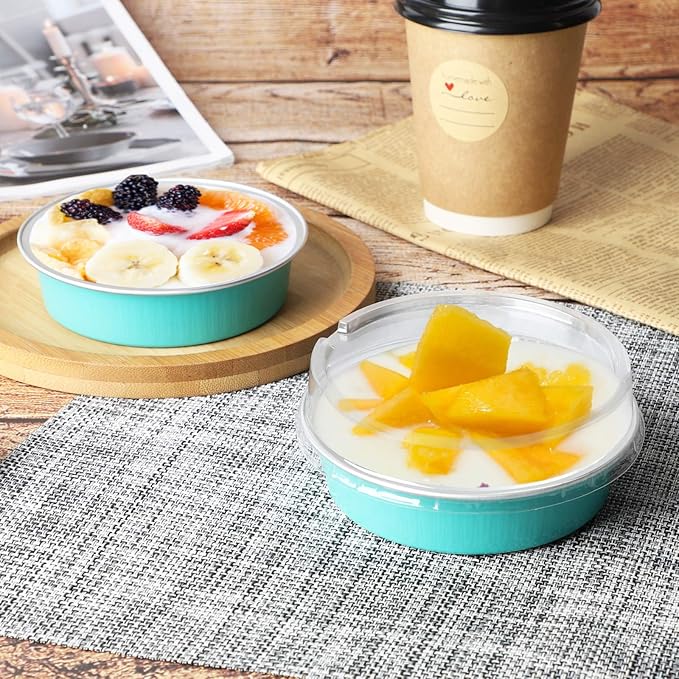 Beasea Mini Pie Pans with Lids, 4 Inch 50 Pack Disposable Cake Pans, 8 Oz Elegant Blue Aluminum Pie Pans for Tart, Quiche & Cheesecake