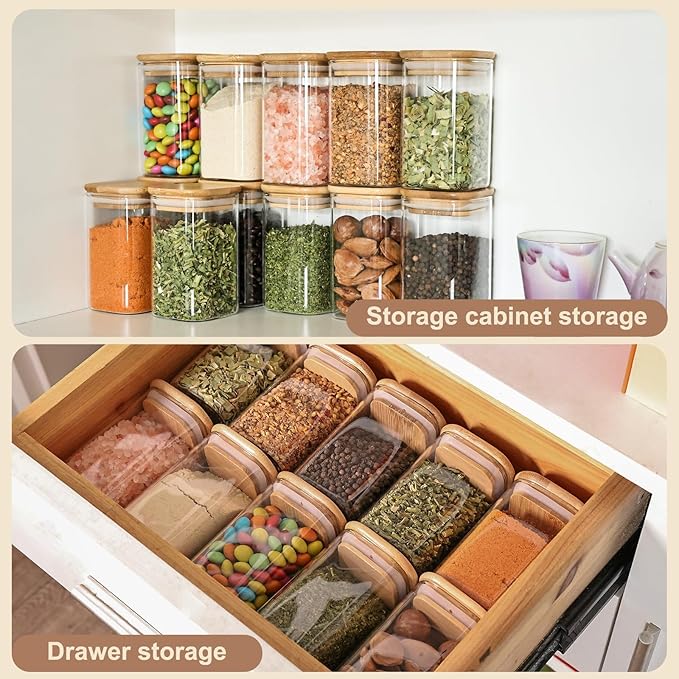 6oz Glass Spice Jars with Bamboo Lid and Label, 12 Pack Square Glass Container, Small Food Storage Containers for Kitchen, Clear Empty Seasoning Jar for Sugar, Salt, Coffee Bean, Herb, Borosilicate
