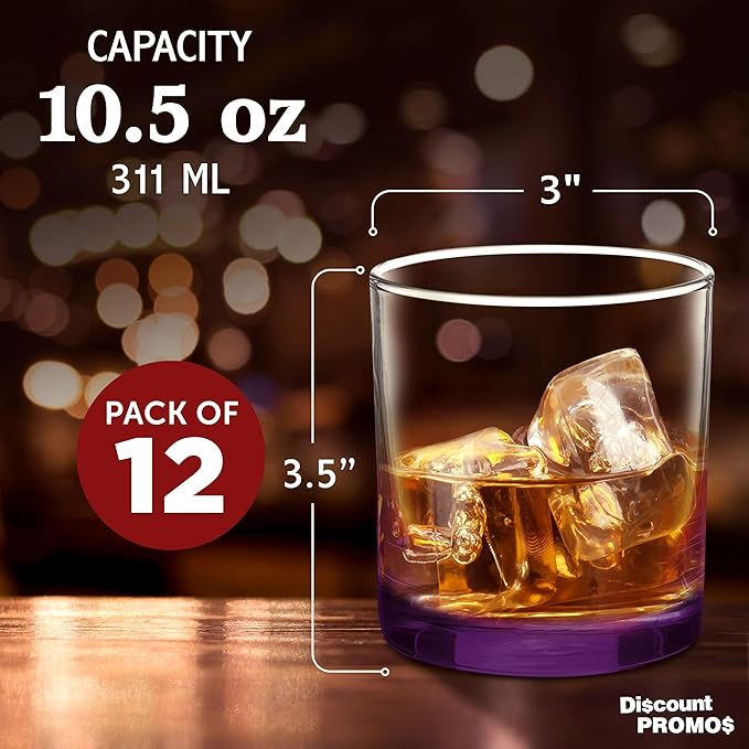 DISCOUNT PROMOS Lexington Rocks Whiskey Glass 10.5 oz, Set of 12, Bulk Pack - Perfect for Scotch, Bourbon, Whiskey, Cocktail - Purple