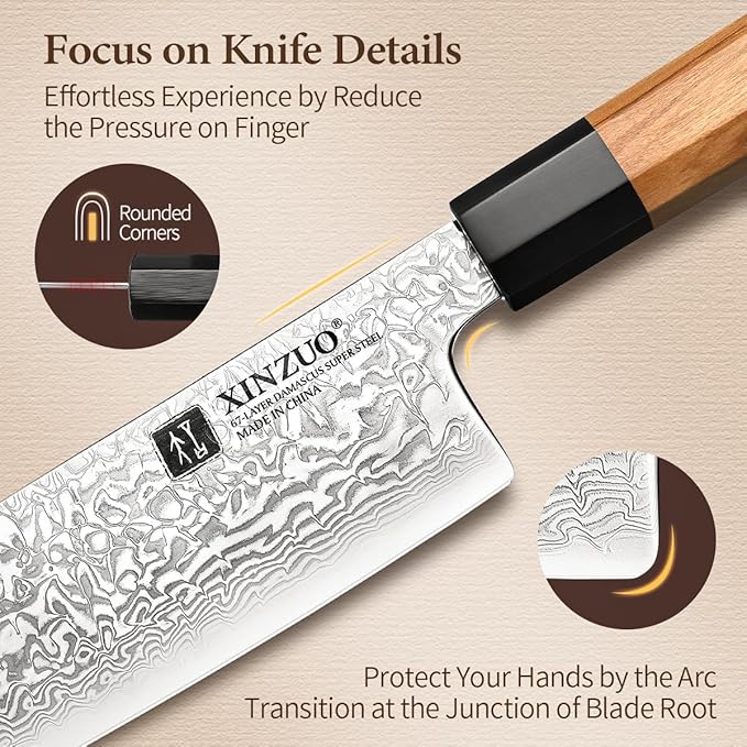 XINZUO 7 Inch Nakiri Knife, 67 Layers Damascus Steel, Professional Meat Cleaver Knife for Chefs Home Cooking,Ultra Sharp, Chopping Knife with Olive Wood Octagonal Handle