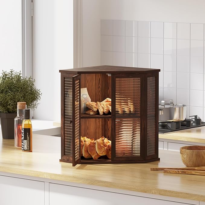 Corner bread box Bread Box for Kitchen Countertop - Corner Bread Storage Box 16.5" H, Premium Pine Wood with Glass Door, Perfect for Homemade Bread, Baguettes & Pastries (Brown)