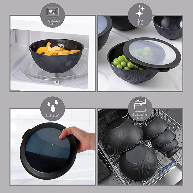 COOK WITH COLOR Mixing Bowls with Lids - 12 Piece Plastic Nesting Bowls Set includes 6 Prep Bowls and 6 Lids, Rhombus Design - Microwave Safe (Black)