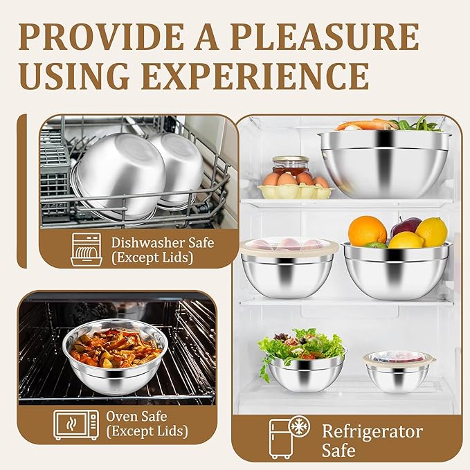 P&P CHEF Mixing Bowls with Visible Airtight Lids Set of 5, 10-Piece Stainless Steel Mixing Nesting Bowl, Metal Bowl with Lid for Kitchen Prepping & Storing, Size 4.6, 3, 1.5, 1, 0.7 QT, Khaki