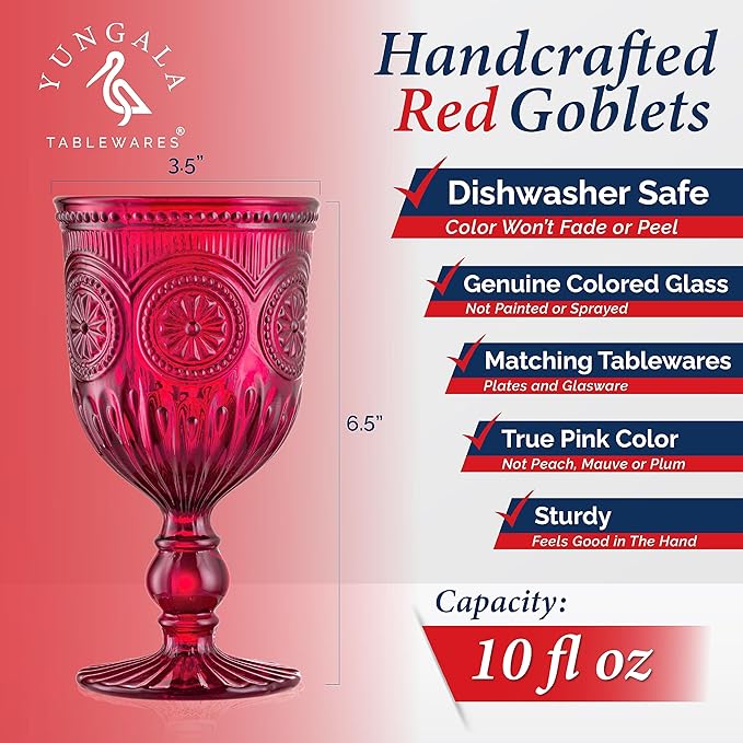 Yungala Red Goblets, Set of 6 Hand Crafted Red Colored Wine Glasses for lovers of red glassware, perfect for Valentines Day or Christmas Wine Glasses