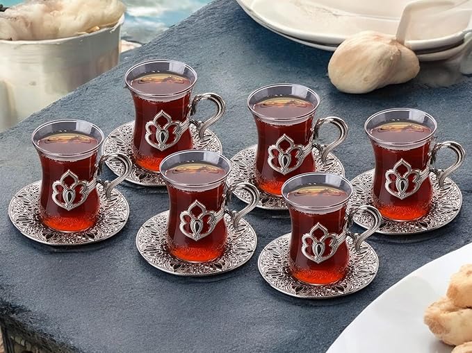 Alisveristime (SET OF 6) Turkish Tea Set with Zamac Holders, Glass Cups, and Saucers, 100ml Capacity, Elegant Serving Set in Gold and Silver (Harman) (Silver)