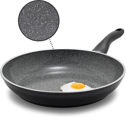 Rigoletto 11” Nonstick Frying Pan Skillet, Made in Italy, Layered Ceramic PFAS-Free Surface, Induction Ready, Dishwasher & Metal Utensil Safe, Granite Finish, Stay-Cool Handle, Black