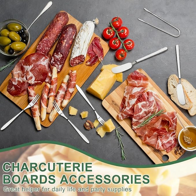 38 Pcs Charcuterie Boards Accessories, Silver Stainless Steel Charcuterie Utensils Set, Including Cheese Butter Spreader, Mini Serving Tongs, Knives, Spoons, Forks, Honey Dippers and Toothpick Flags