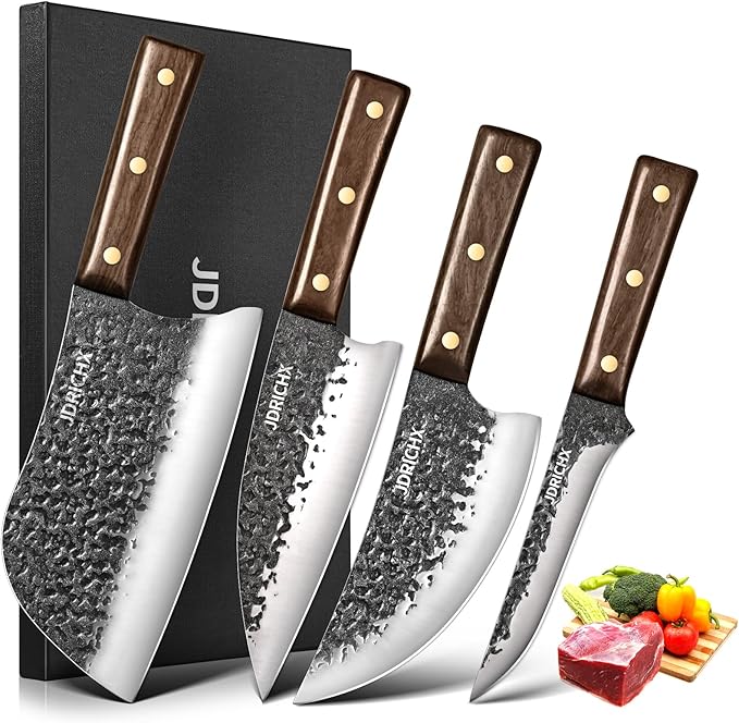 Butcher Knife Set,4 PCS Heavy Duty Hand Forged Serbian Chef Knife Meat Cleaver Boning Viking Knife Set-Full Tang High Carbon Steel for Home Cooking Outdoor BBQ Camping Gift Idea