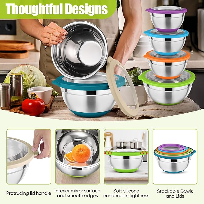 P&P CHEF Multicolor Mixing Bowls Set of 6, Stainless Steel Mixing Bowl with Visible Lids for Salad, Metal Nesting Serving Bowls for Kitchen Cooking Prepping Storing Food, 4.6/3.5/2.6/2/1.5/1 QT