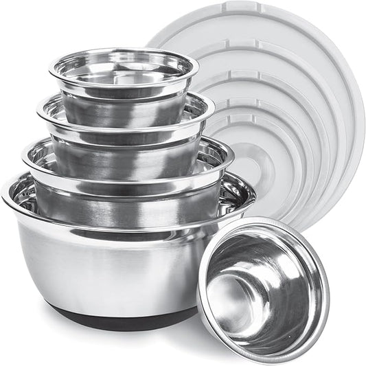 Avador Premium Stainless Steel Mixing Bowls with Lids Non-Slip, Set of 5 Mixing Bowl Set with Silicone Base, Space Saving, Great for Cooking, Baking, Prepping (0.25qt, 1qt, 1.5qt, 3qt, 5qt)