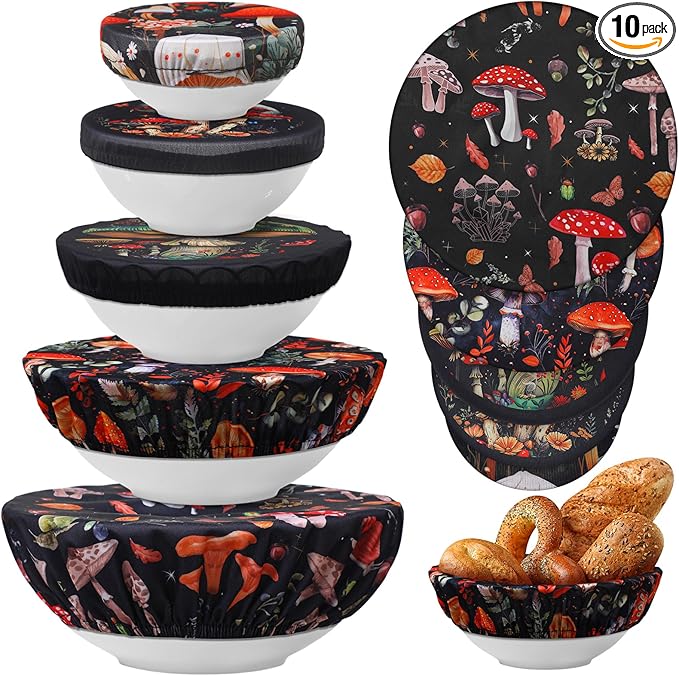 Patelai 10 Pcs Bowl Covers Reusable in 5 Size Stretch Cloth Fabric Elastic Food Storage Bowl Covers Bread Sourdough Lids for Proofing Food Fruits Leftover(Mushroom Style)