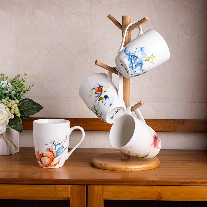 GBHOME 12oz Coffee Mugs Set fo 6, Ceramic Coffee Mugs with Decaled Flowers for Man Woman Mom Dad, Light Weight Coffee Mugs Set for Latte/Cappuccino/Cocoa/Milk, Dishwasher & Microwave Safe