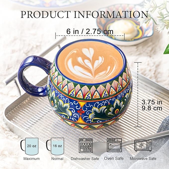Henten Home Porcelain Latte Mug Set of 6, 20 oz Colorful Coffee Cup with Handle, Boho Ceramci Mug for Cappuccino, Milk, Tea, Hot Chocolate, Cocoa, Microwave & Dishwasher Safe