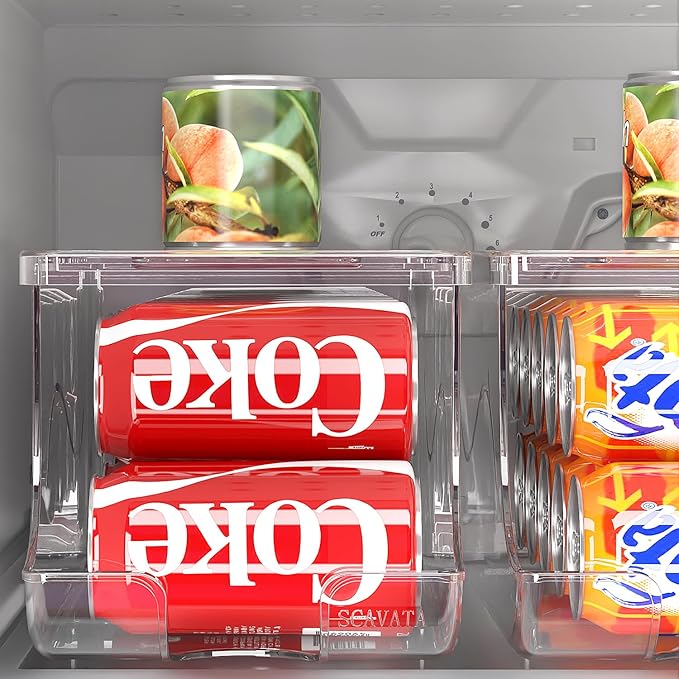 2 Pack Stackable Refrigerator Organizer, Soda Can Dispenser Pop Cans Container Beverage Holder with Lid for Fridge, Freezer, Kitchen, Clear Plastic Storage Bins-Holds 10 Cans Each (Clear)