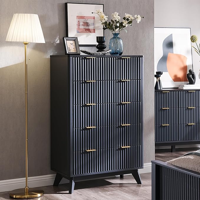 T4TREAM Fluted 5 Drawers Dresser, 48" Tall Modern Chest of Drawers with Faux Marble Top, Curved Profile Design, Wood Drawer Organizer for Bedroom, Living Room, Hallway, Entryway, Dark Grey