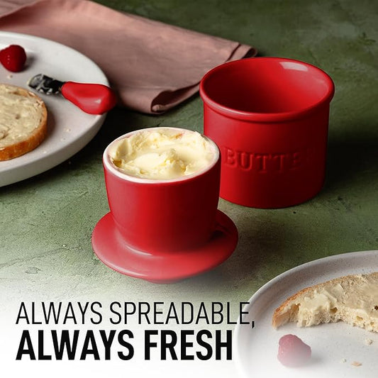 Zulay Kitchen Porcelain Butter Crock With Lid & Knife - Authentic French Butter Dish For Fresh & Spreadable Butter - Red