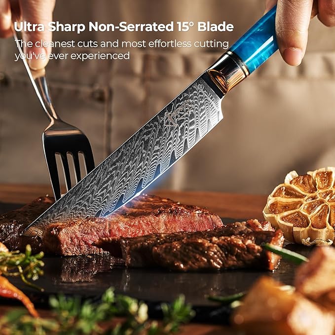 SENKEN Damascus Steak Knife Set - Tsunami Collection - 67-Layer Japanese VG10 Steel - Razor Sharp Non-Serrated Blades, Blue Resin & Natural Wood Pattern Handles, Luxury Gift Box (4 Steak Knife Set)