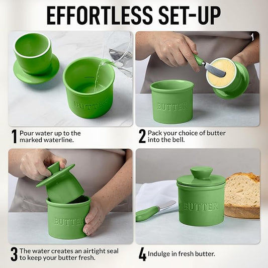 Zulay Kitchen Porcelain Butter Crock With Lid & Knife - Authentic French Butter Dish For Fresh & Spreadable Butter - Green