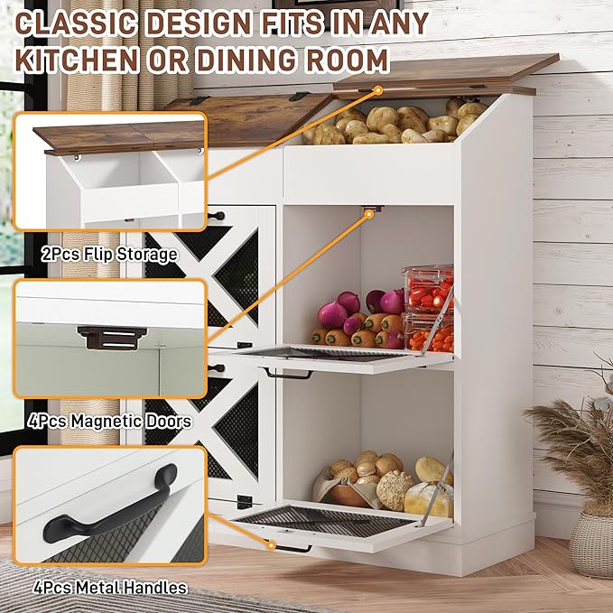 Large Wood Veggie Bin for Potato,Bread,Onion With 6 Large Storage Space. Root Vegetable Storage Box For Kitchen, Farmhouse Wood Potato Box With 4 Mesh Doors,32 * 12.4 * 36 INCH(White)
