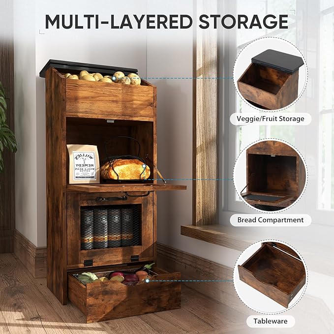 Verano Garden Potato Storage Bin, Wood Bread Box with Lid, Farmhouse Potato and Onion Storage Bin with Mesh Doors, Fruit and Vegetable Storage Rack with Removable Drawer (Rustic Brown, 16.0")