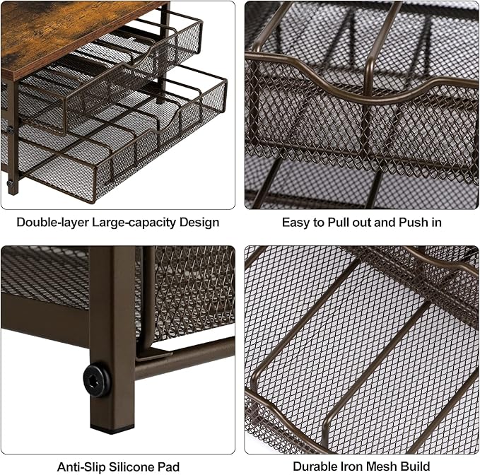 Coffee Pod Drawer Holder Coffee Pod Storage Organizer for Counter 2 Tier Coffee Pod Holder 72 Capacity Capsule Storage Rack with Sliding Baskets for Home Office (Brown)