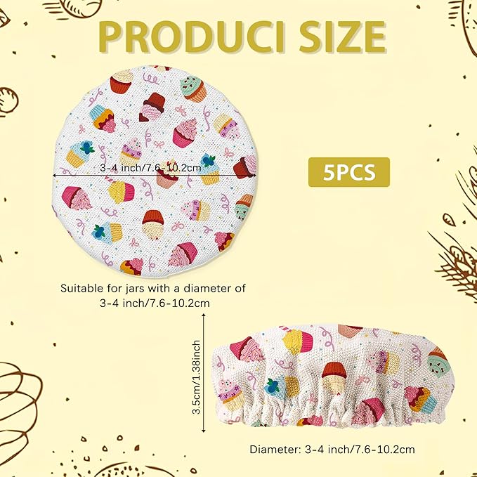 Cupcakes Pattern Sourdough Starter Jar Covers Reusable,Breathable Fabric Lids for Mason Jars,Wide Mouth and Regular Mouth(5 Pack)