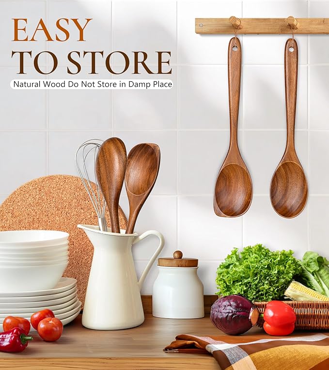 2Pcs Wooden Spoons for Cooking, Natural Premium Teak Wood Spoon & Corner Spoon, Good Grip Large Cooking Spoons Spatula, Heat Resistant Wooden Kitchen Cooking Utensils Set for Nonstick Cookware