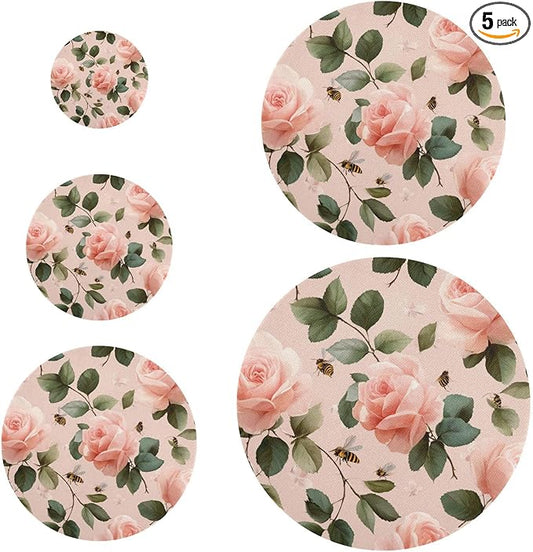 5 Pcs Bowl Covers Reusable in 5 Size Elastic Food Cover Cloth Lids Fresh Keeping Dish Cookware Bakeware Fabric Covers Lids for Food Leftovers Fruits Storage Pastel Pink Rose and Honeybees