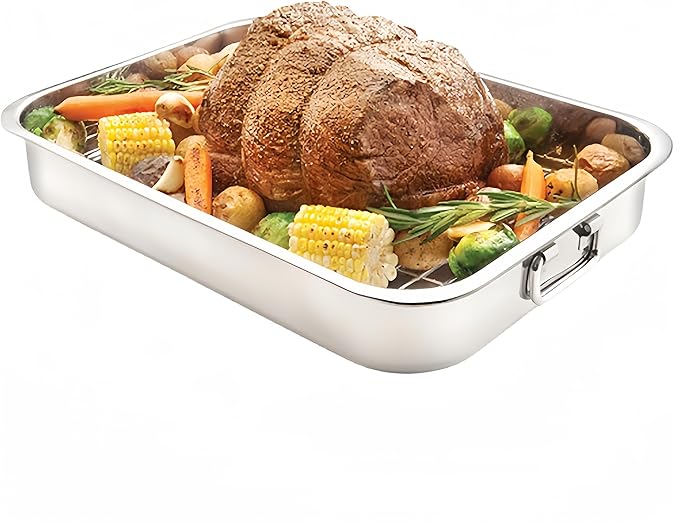 Roasting Pan Stainless steel Roasting pan Turkey Roasting pan with grill Rectangular grill suitable for Turkey, roast chicken and ham (16.5x12.6x2.6inch)