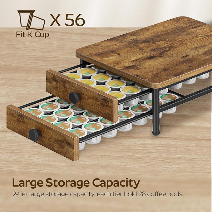 Coffee Pod Drawer Holder for K Cup, 56 Pods Capacity, 2 Tier Organizer for K Cup, Coffee Pod Organizer for Countertop, Space Saving, Easy Assembly, Rustic Brown KH28BRY1