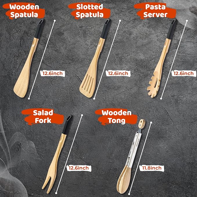 Wood Cooking Utensils Set, 5 PCS Wooden Spoons for Cooking Includes Stainless/Wood Kitchen Tongs, Non-Stick Wooden Utensil Set with Innovative Finger Groove & Non-Slip Notch Design, Black