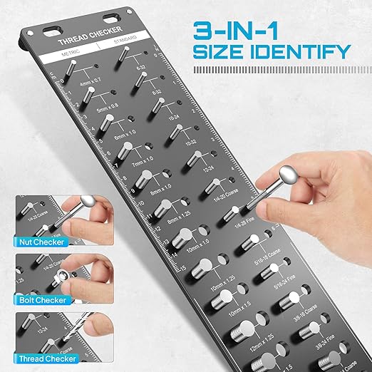 SEESII 34 Thread Checker, Nut and Bolt Thread Identifier Gauge: Precision Engineered with 15 Metric, 19 Standard & 8 Drill Sizes for Accurate Measurement - Bolt Size Finder Tool for DIY Enthusiasts