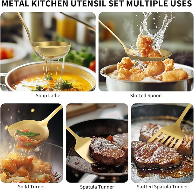304 Stainlss Steel Kitchen Utensils Set, 10 Pcs Metal Cooking Utensil, Matte Kitchen Gadget Cookware and Kitchen Tool Set, Dishwasher Safe(Gold)