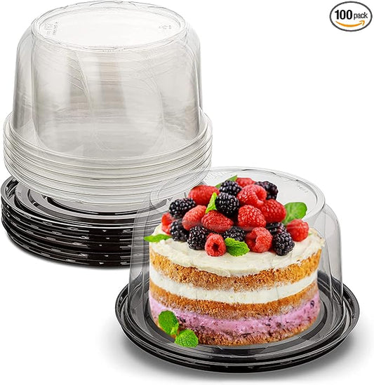 MT Products PET Plastic Round Cake Containers 6" - Plastic Bakery Boxes with Clear Lid (Pack of 100) - Made in the USA