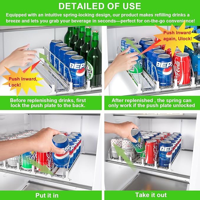 Upgraded Drink Organizer for Fridge, Space-Saving Fridge Drink Organizer, Automatic Pusher Glide and Adjustable Width Drink Dispenser for Fridge - Holds Up to 25 Cans (5 Rows White)