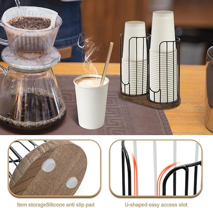 2-Compartment 18oz Coffee Cup Dispenser Rack with Wood Base, Disposable Cup, and Lid Organizer for Countertop - Perfect for Paper Cups, and Lid Organizer